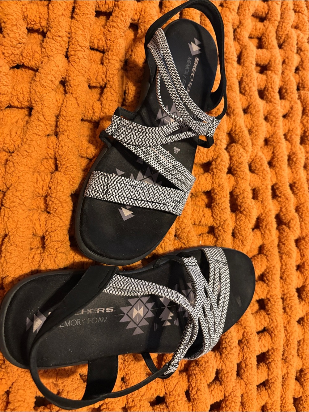 Skechers Black and White Strappy Memory Foam Slingback Sandals